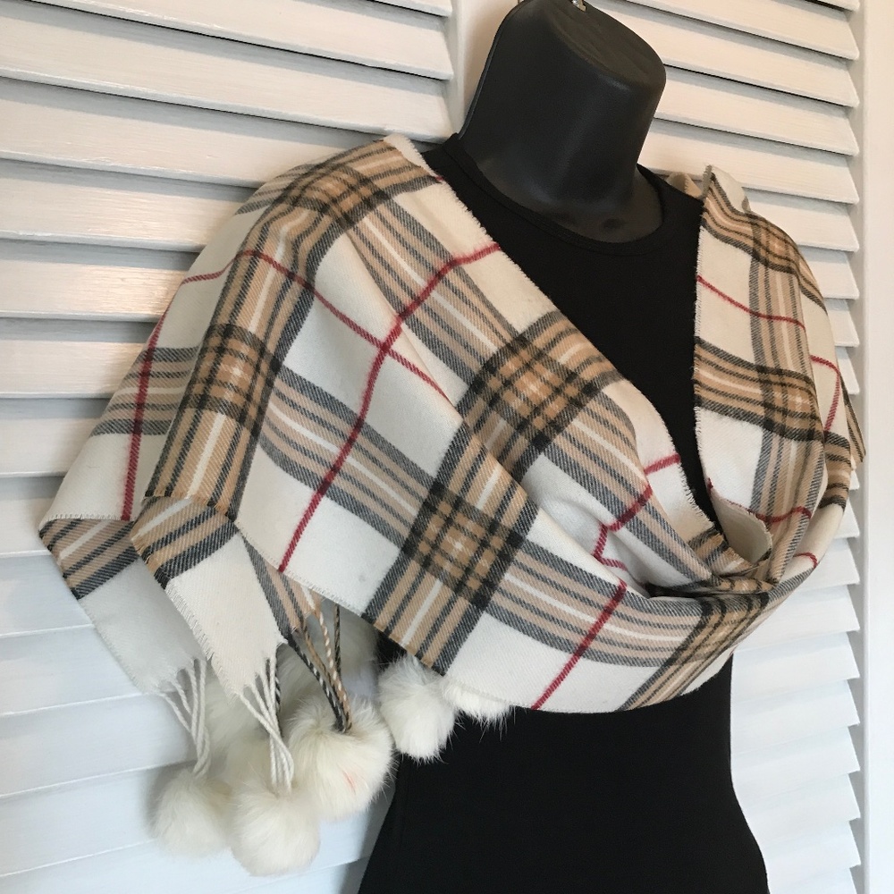 White Plaid Scarf- Real Fur Pom Poms! EUC 3/$19